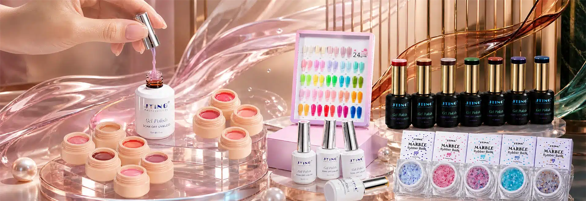 JTING rubber base gel collection with flexible nude, colored and marble flake options