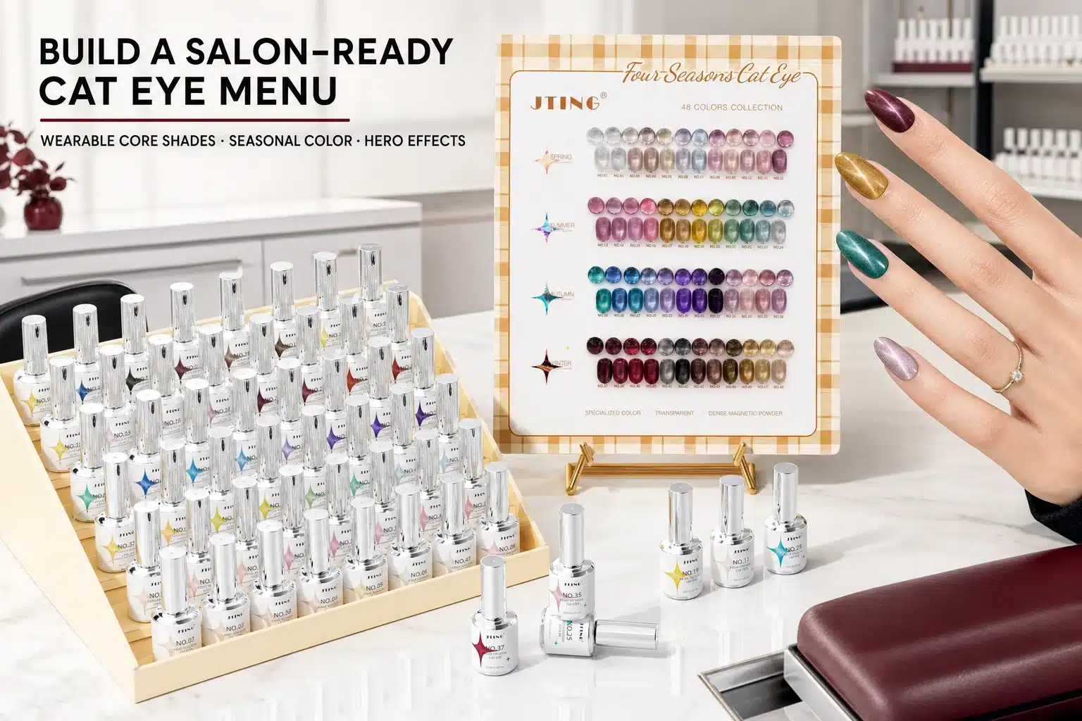 JTING Four Seasons 48-color cat eye gel polish salon collection with manicure display
