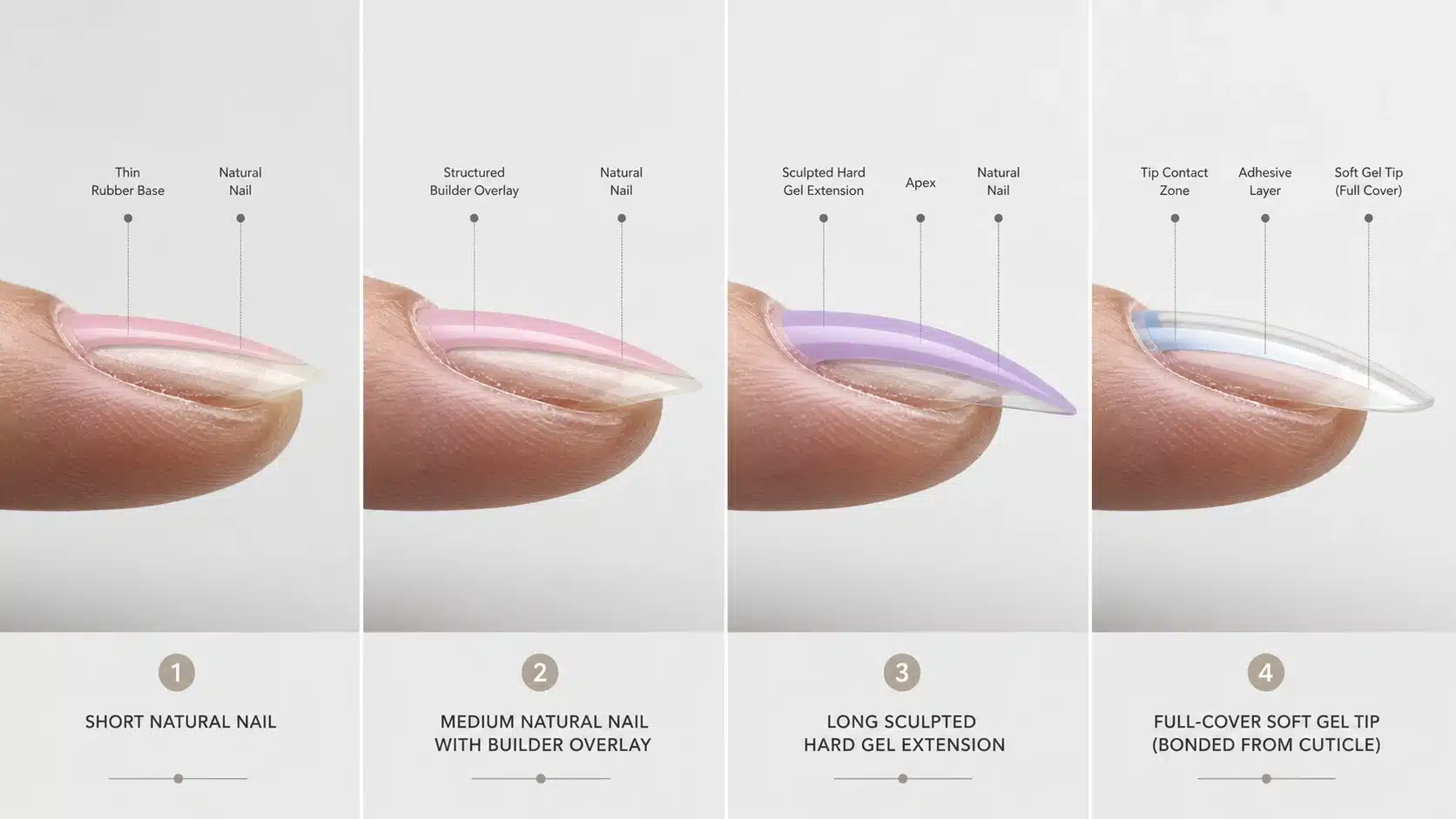 Side-profile comparison of rubber base, builder overlay, sculpted hard gel and a full-cover soft gel tip