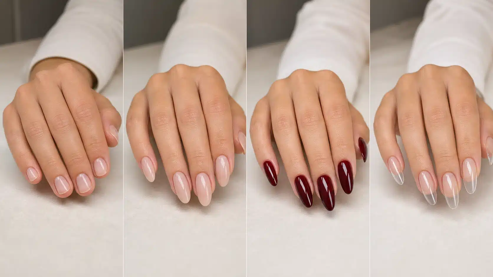 Four realistic manicure examples comparing rubber base, builder overlay, hard gel and full-cover soft gel tips