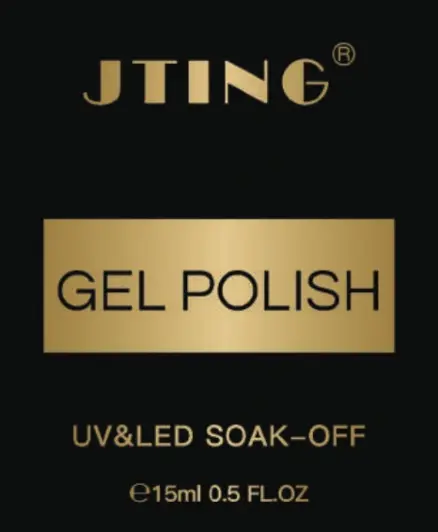 Black gel nail polish label with gold JTING lettering and a contrasting product name panel