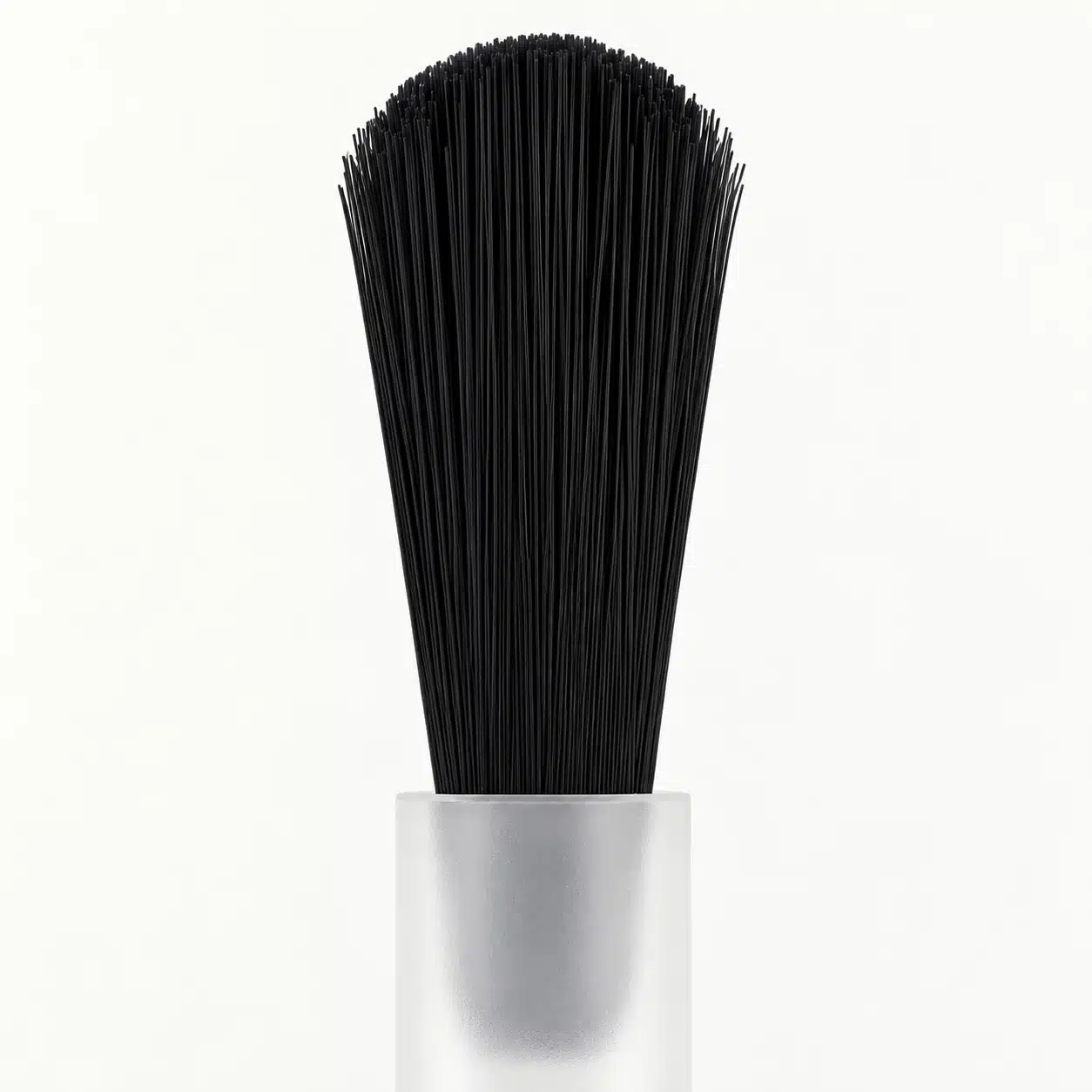 Black bottle brush with a rounded bristle edge and translucent plastic stem.