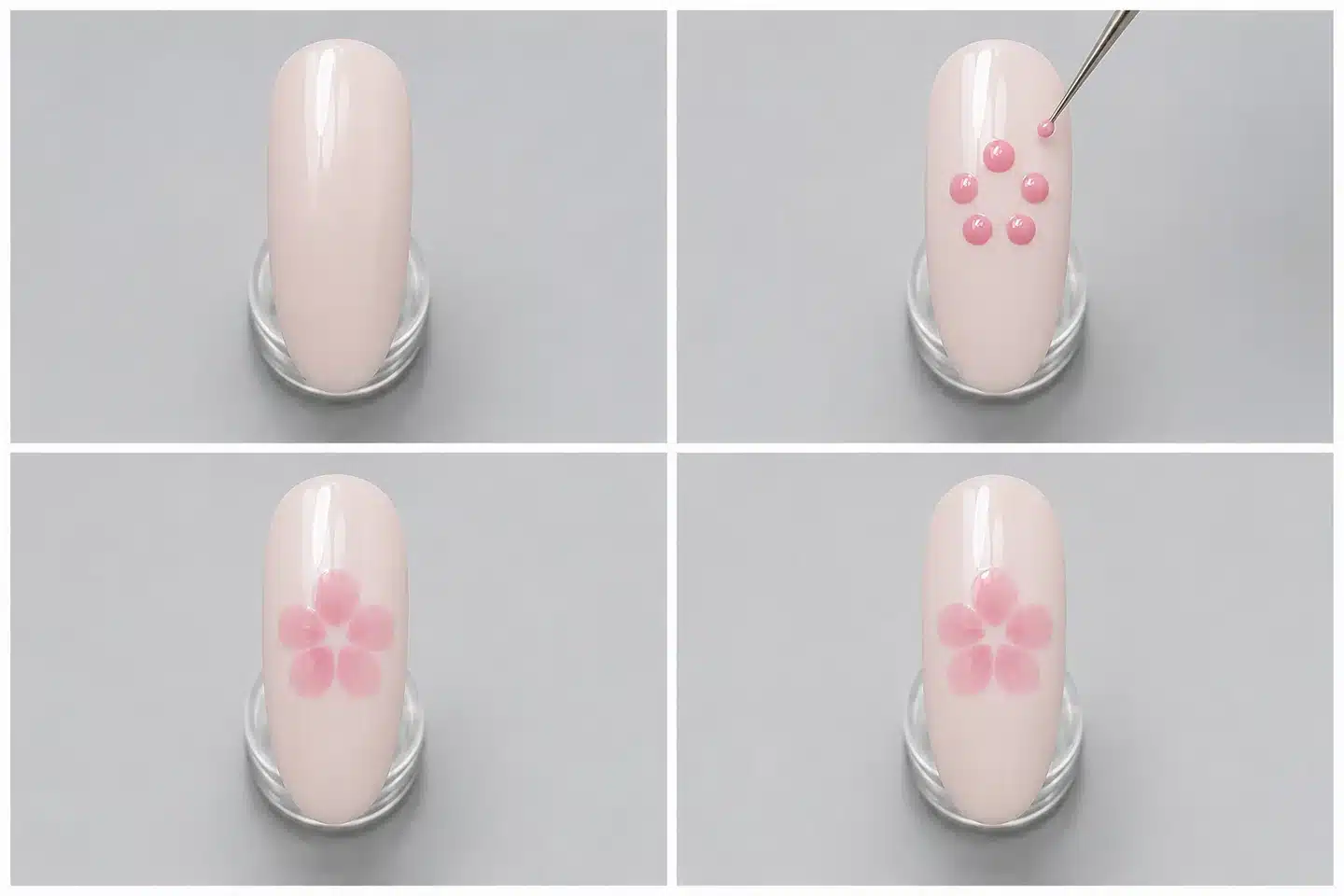 Four-panel illustration of a pink blooming flower developing on a pale practice nail