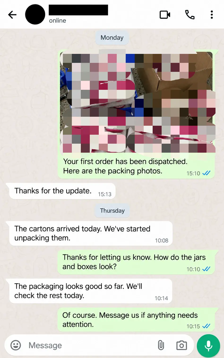 WhatsApp conversation with builder gel packing photos, a dispatch update and delivery follow-up.
