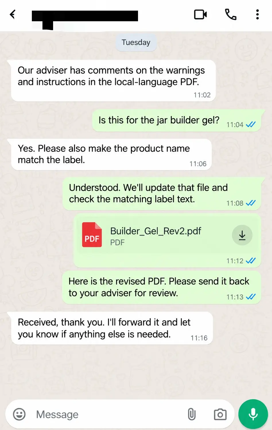 WhatsApp discussion of adviser comments on builder gel warnings and instructions, with a revised PDF attachment.