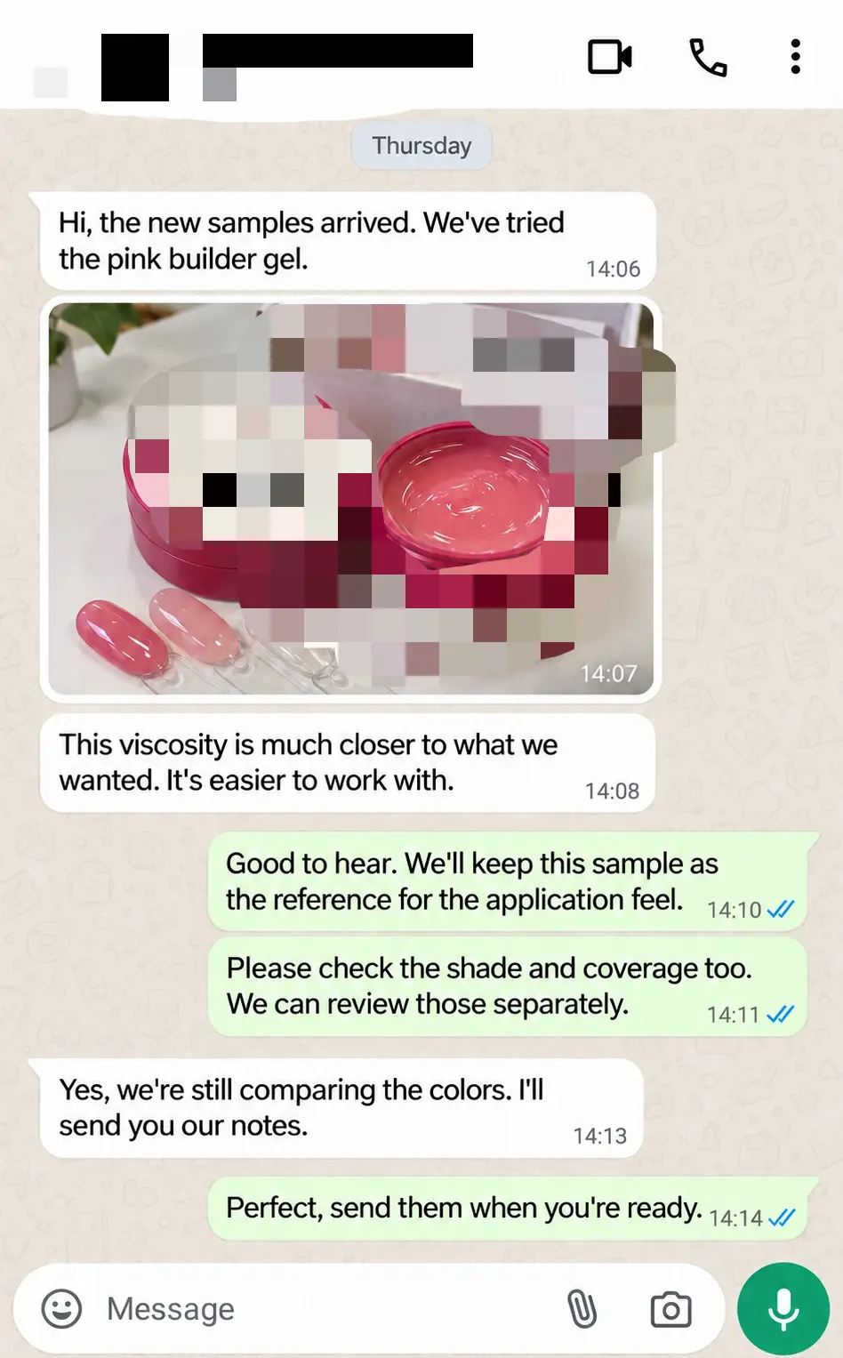 WhatsApp review of a follow-up builder gel sample, including viscosity feedback and shade selection.