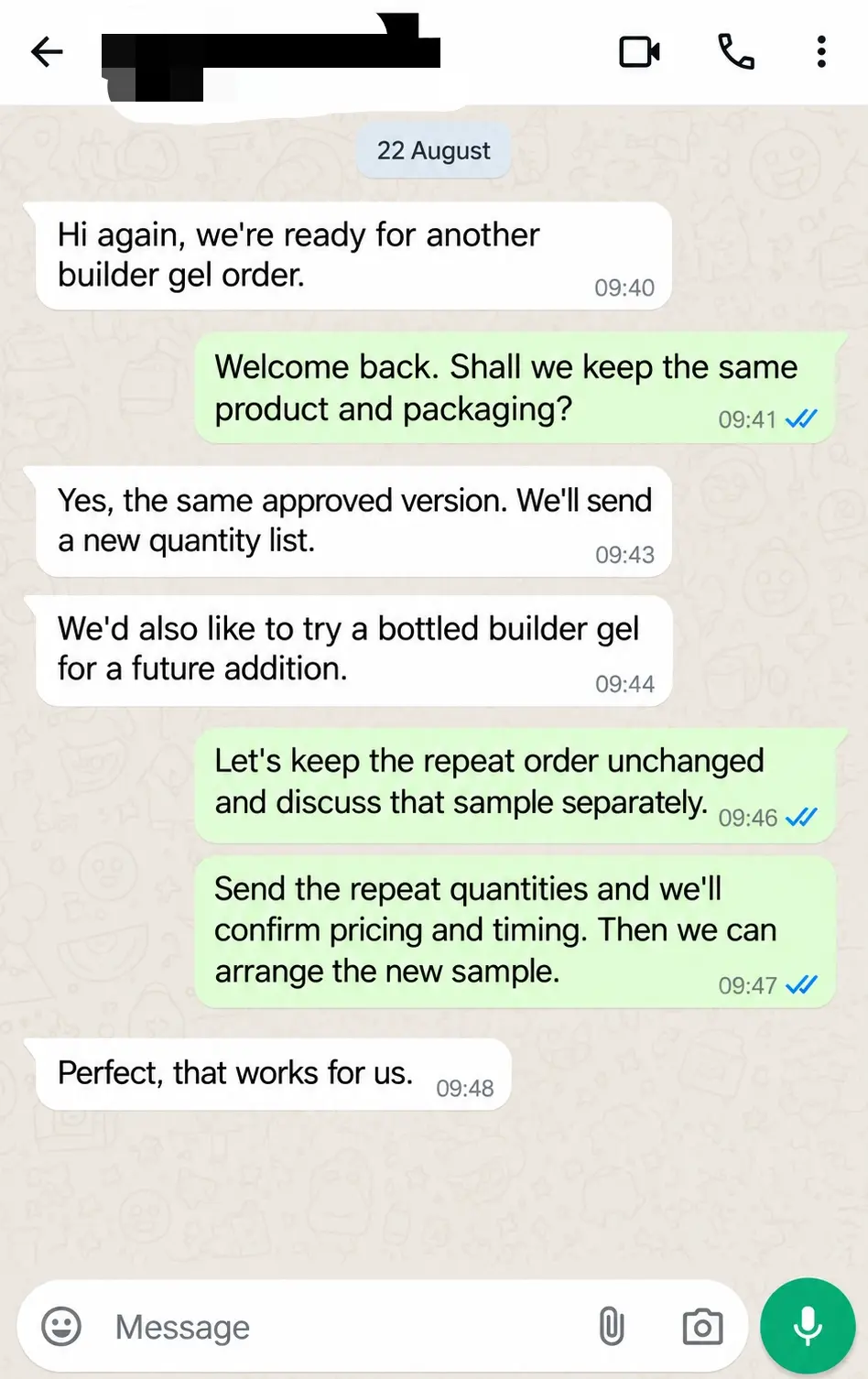 WhatsApp conversation about another builder gel order and a separate bottled builder gel sample.