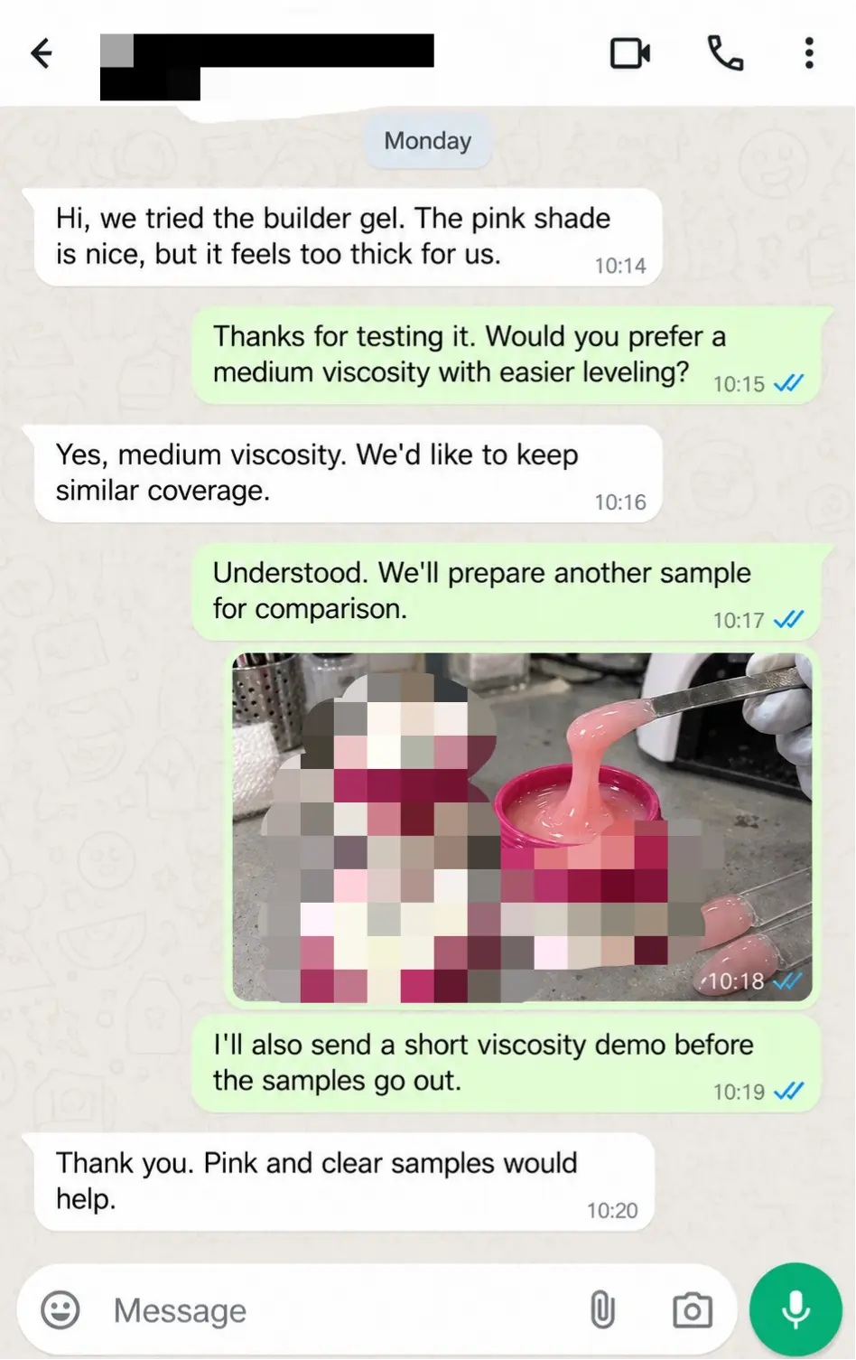 WhatsApp conversation about builder gel viscosity feedback and arrangements for a follow-up sample.