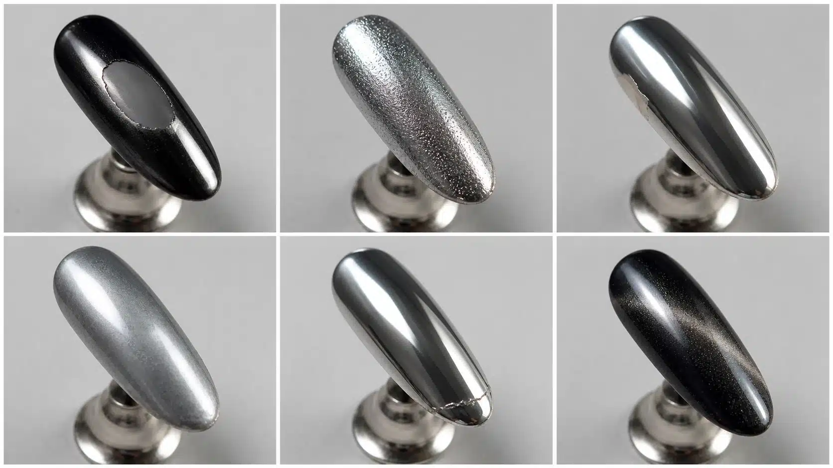 Six chrome nail troubleshooting examples including bald patches grainy finish dull top coat edge lifting and uneven cat eye