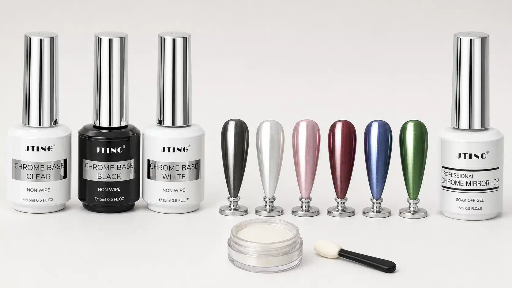 The same chrome powder compared over black white nude burgundy blue and green base colors
