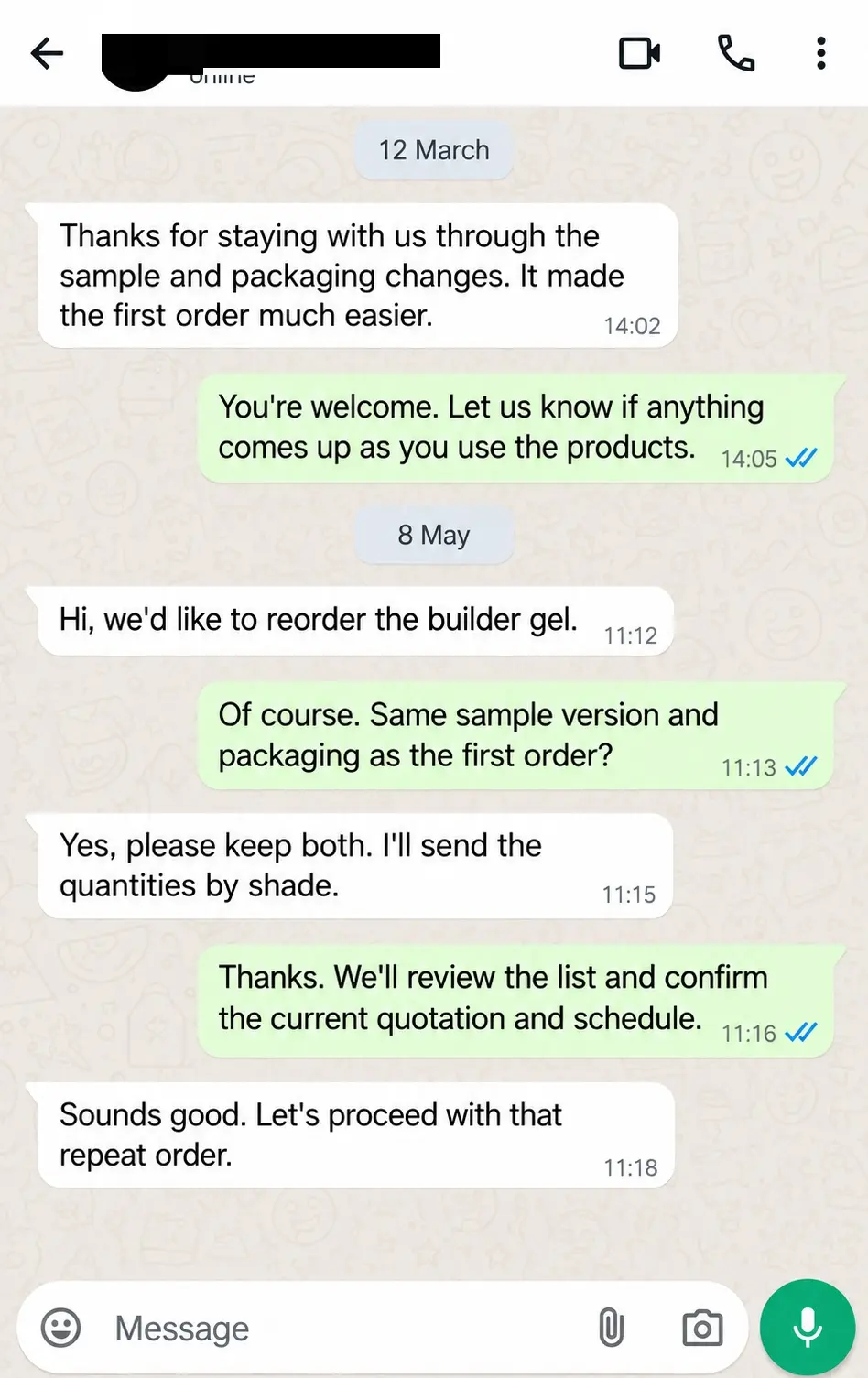WhatsApp service feedback after the first order and a discussion of repeat builder gel purchasing.