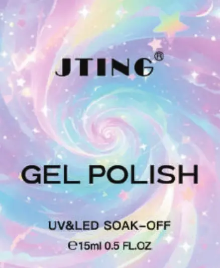 Gel nail polish label with pastel rainbow swirls and JTING branding