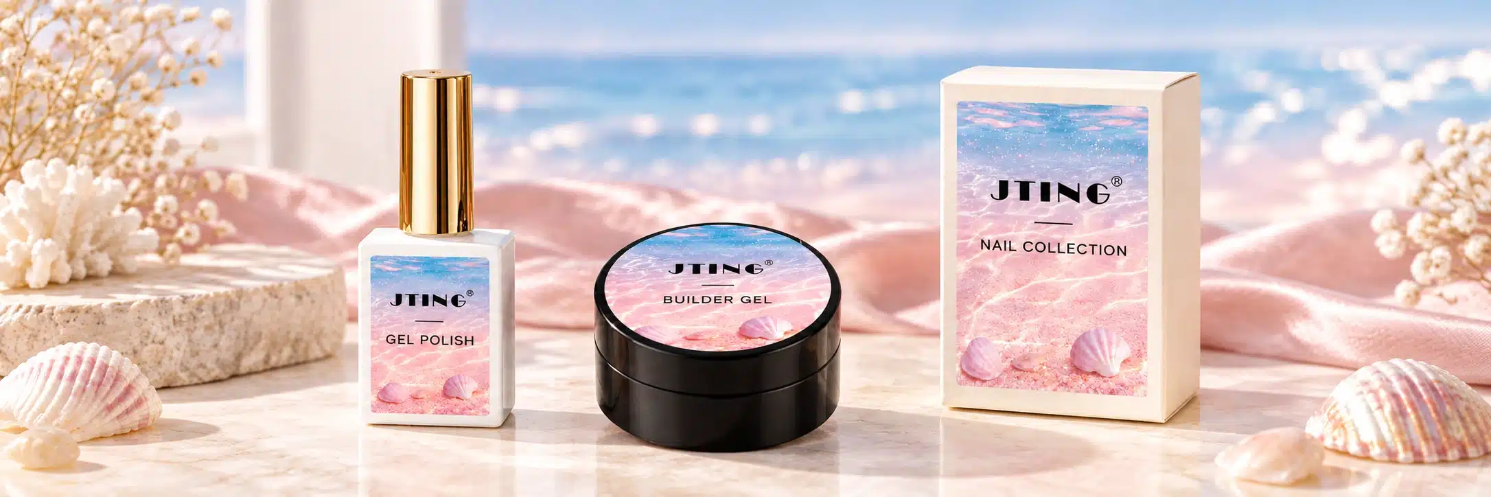 JTING bottle, black builder gel jar and ivory box with coordinated pink and blue seashell labels