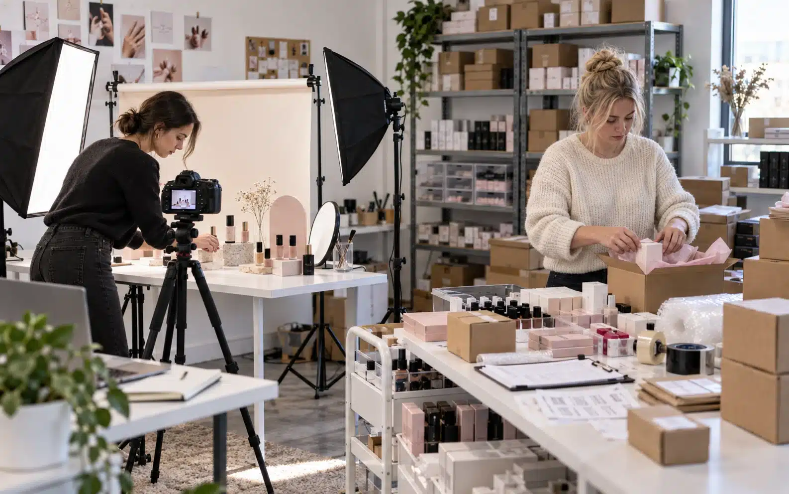 Cross-border e-commerce team photographing gel nail polish products and packing marketplace orders in a small fulfillment studio