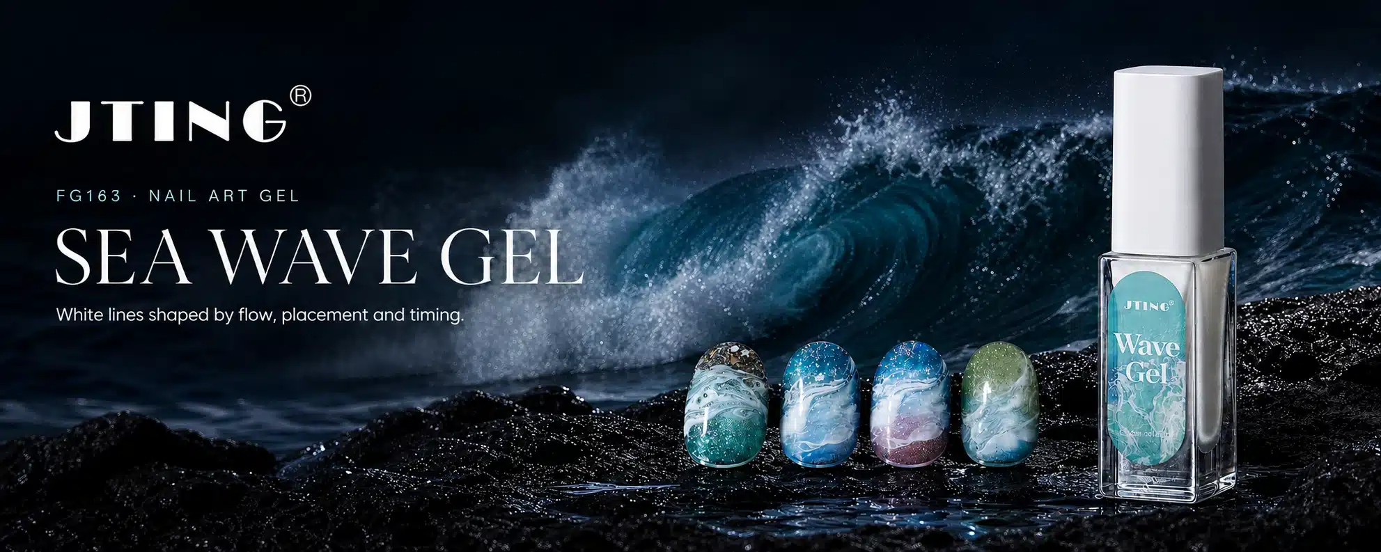JTING FG163 White Sea Wave Gel with four ocean-wave nail art designs on wet black volcanic rock beside a breaking wave