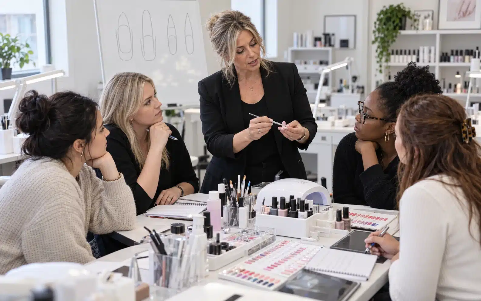 Certified nail educator teaching gel nail polish application with color swatches and professional nail products in a training classroom