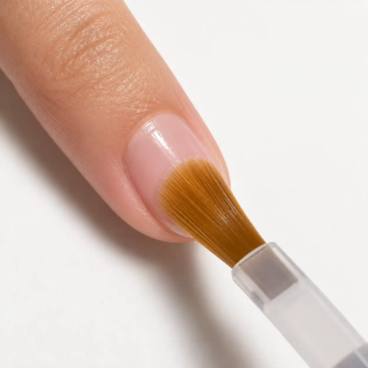 Close-up of brown brush bristles bending and spreading against a fingernail.