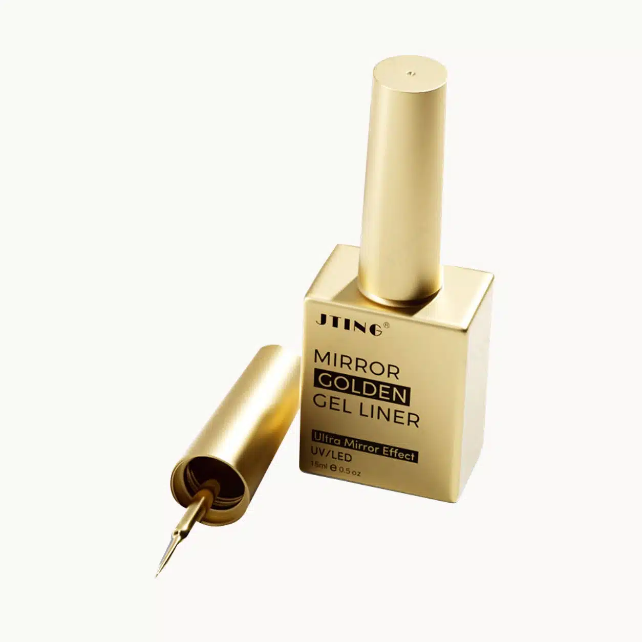 JTING gold rectangular gel liner bottle with a gold cylindrical cap and a separate fine liner brush assembly.
