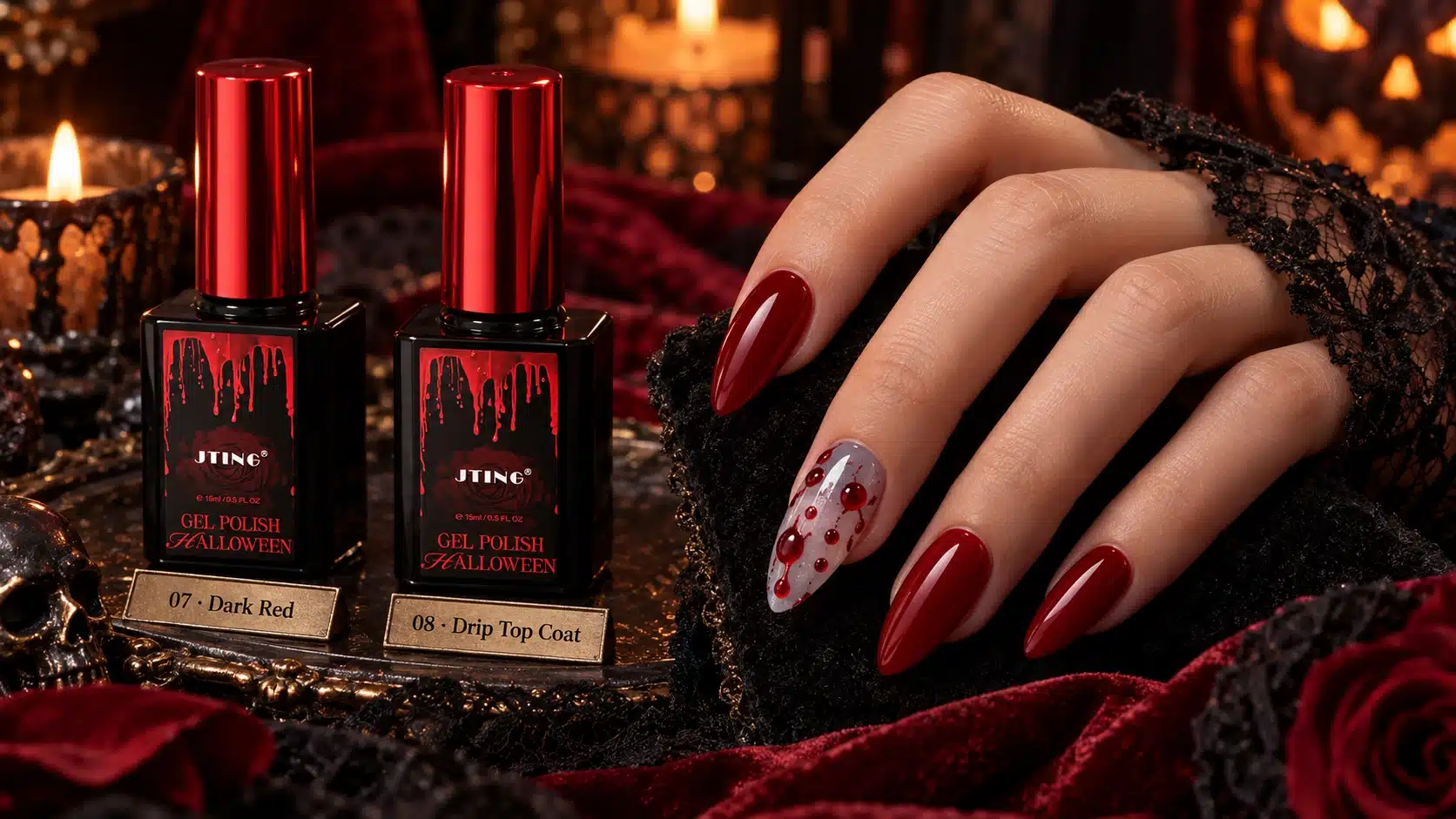 Dark red and red-beaded nail designs beside the No. 07 and No. 08 product pairing on burgundy velvet