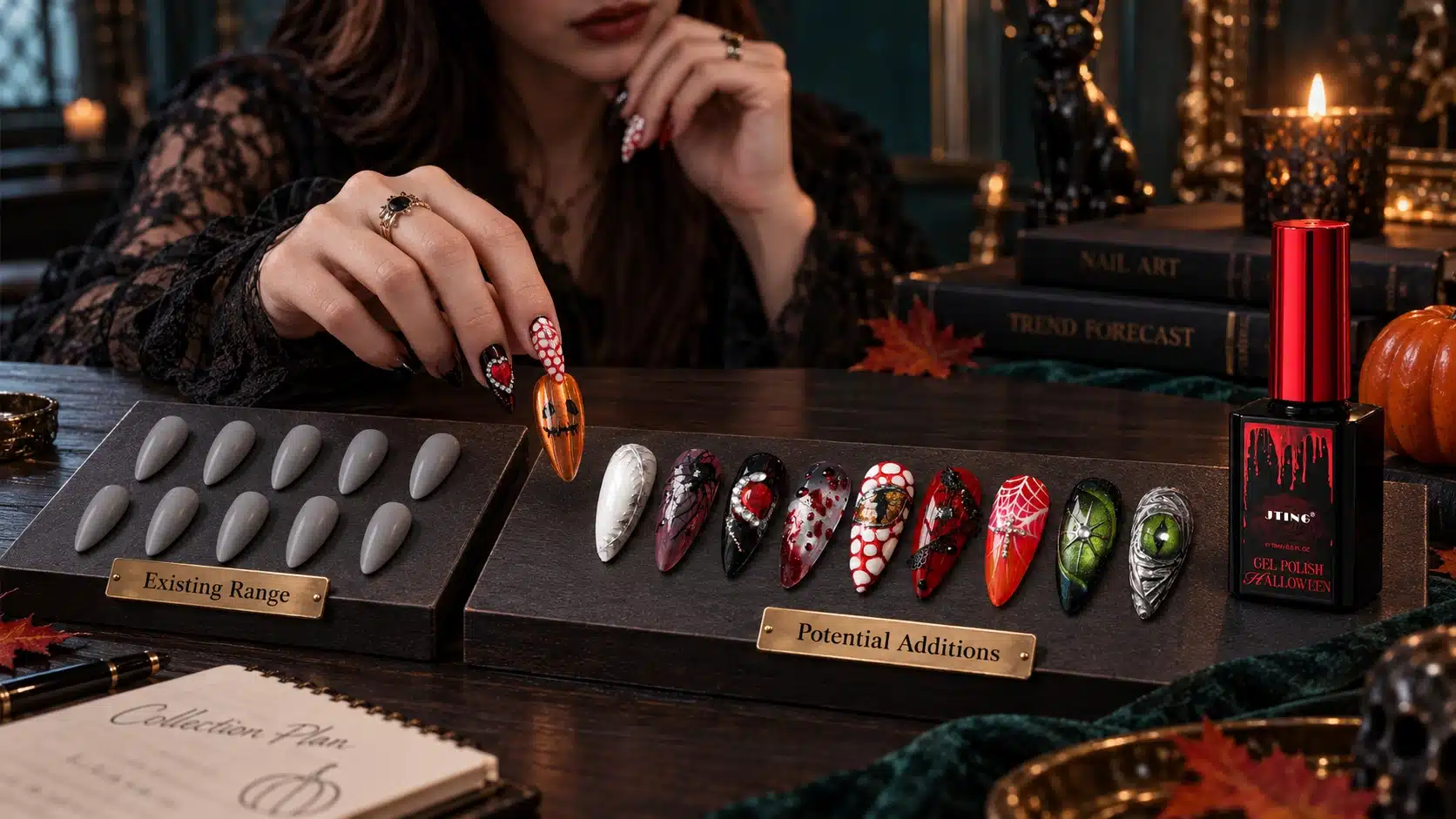 Buyer comparing an existing product range with JTING Halloween nail designs for assortment planning