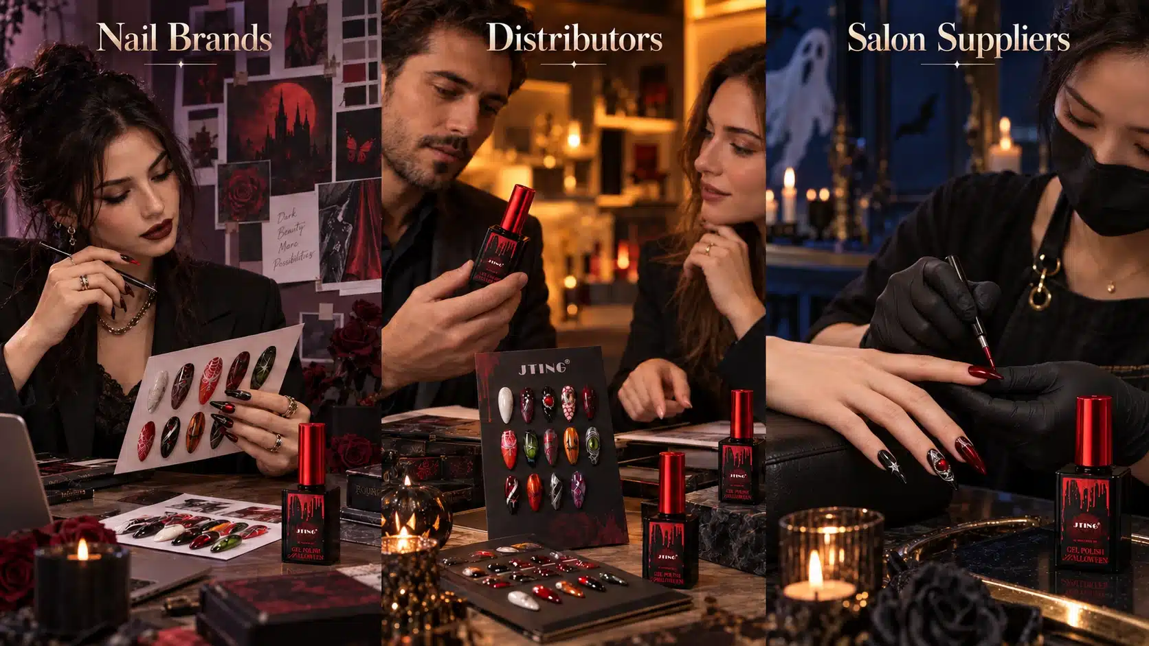 Illustrated nail brand, distributor and salon scenarios showing product selection, buying discussions and nail application