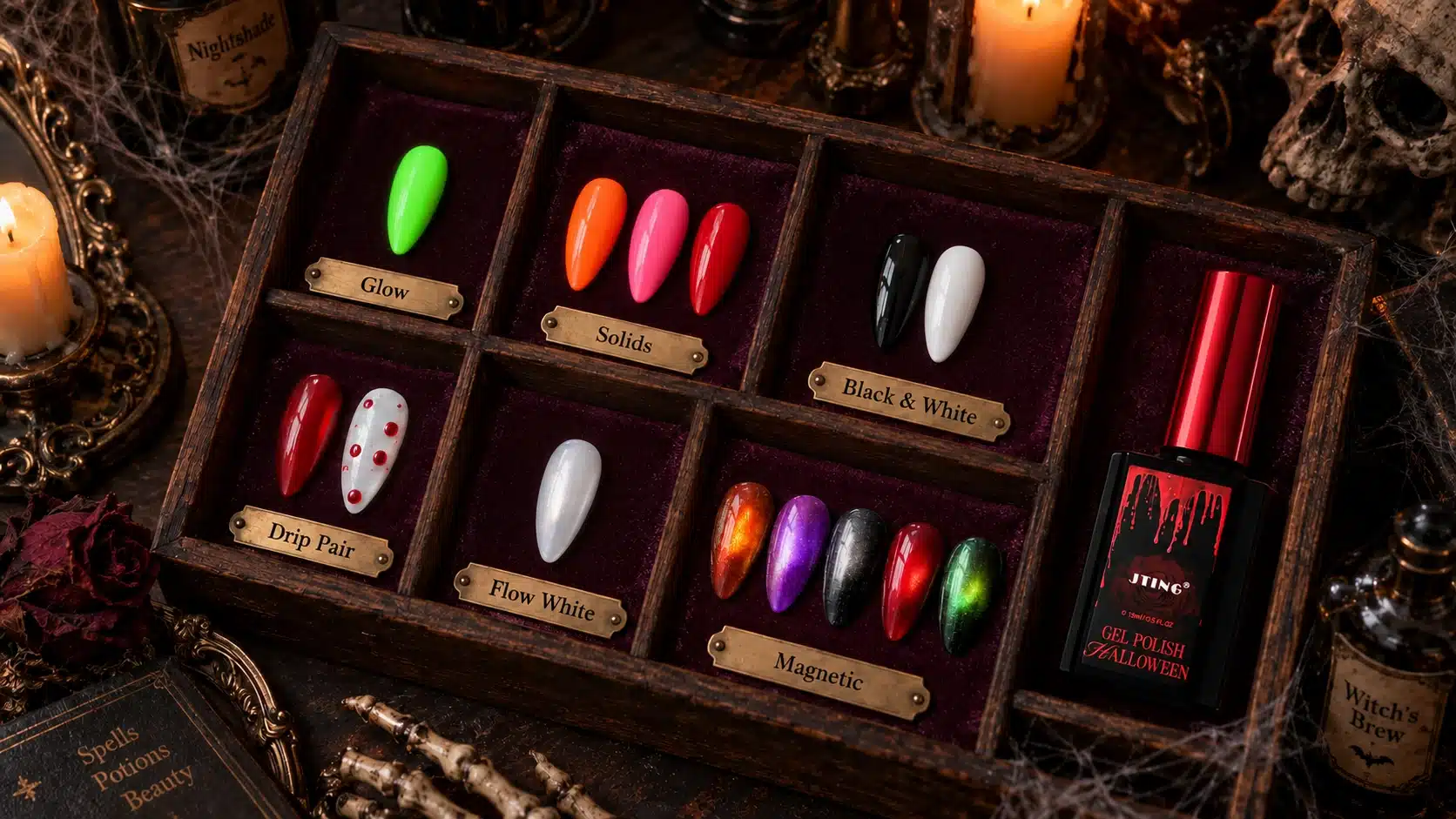 JTING Halloween gel polish effect groups arranged in a velvet-lined tray: glow, solids, black and white, drip pair and magnetic shades