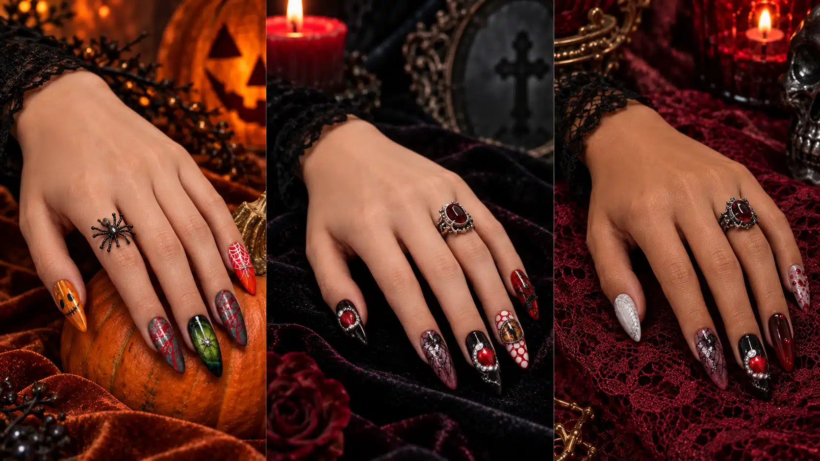 Three Halloween manicure ideas with pumpkin, spiderweb, gothic silver and red-beaded nail art