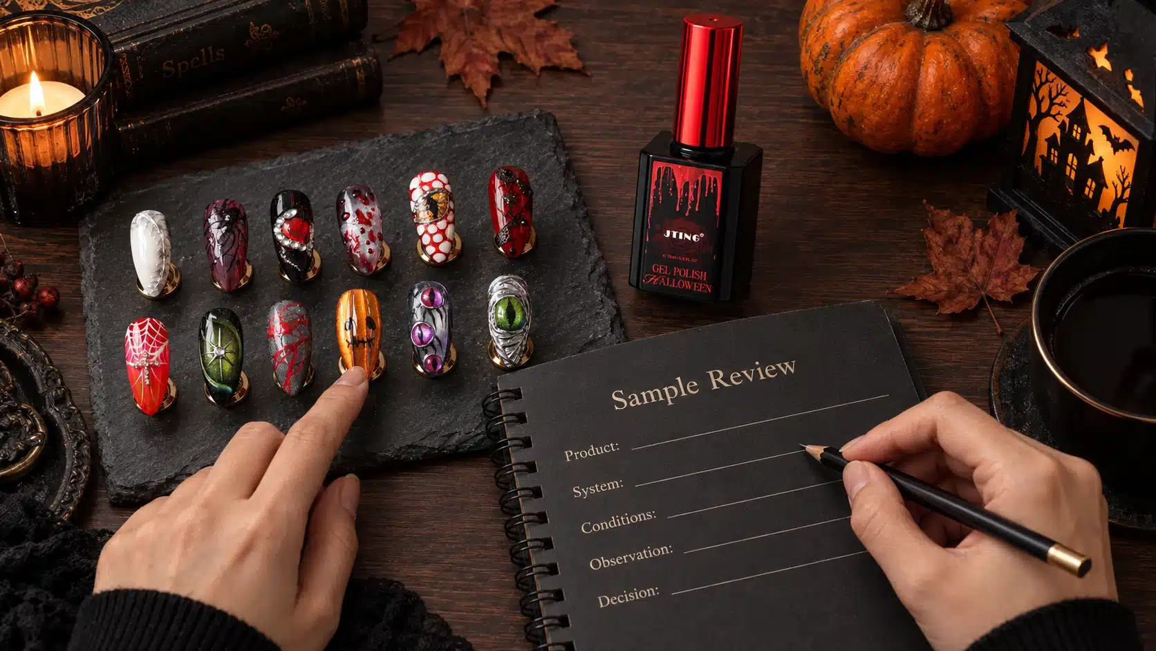 Buyer reviewing Halloween nail samples beside a blank evaluation notebook on a dark wood table