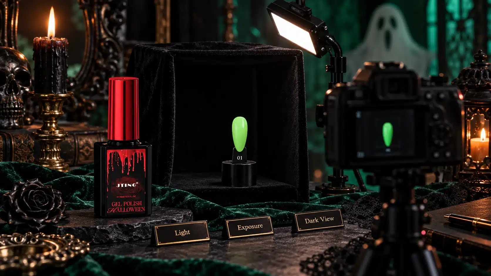 Illustrated photography setup with a green nail sample, camera and light for planning a glow gel demonstration