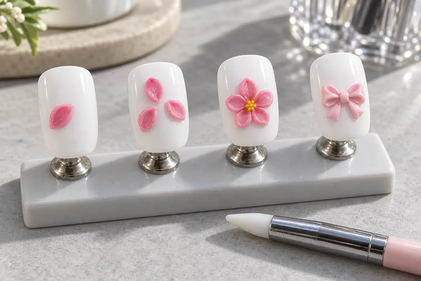 Pink sculpting gel petal, petal arrangement, completed flower and bow on white practice tips