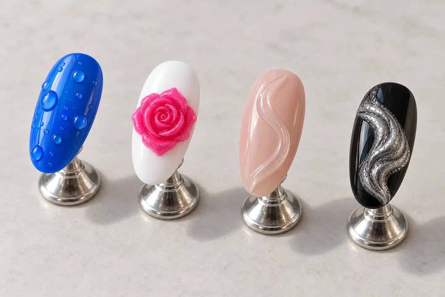 Four nail tips comparing clear water drops, a pink sculpted rose, a transparent ridge and metallic relief