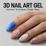 3D nail art gel manicure with blue ombre water droplets, a pink sculpted flower, pearl shell ridges and a raised silver accent