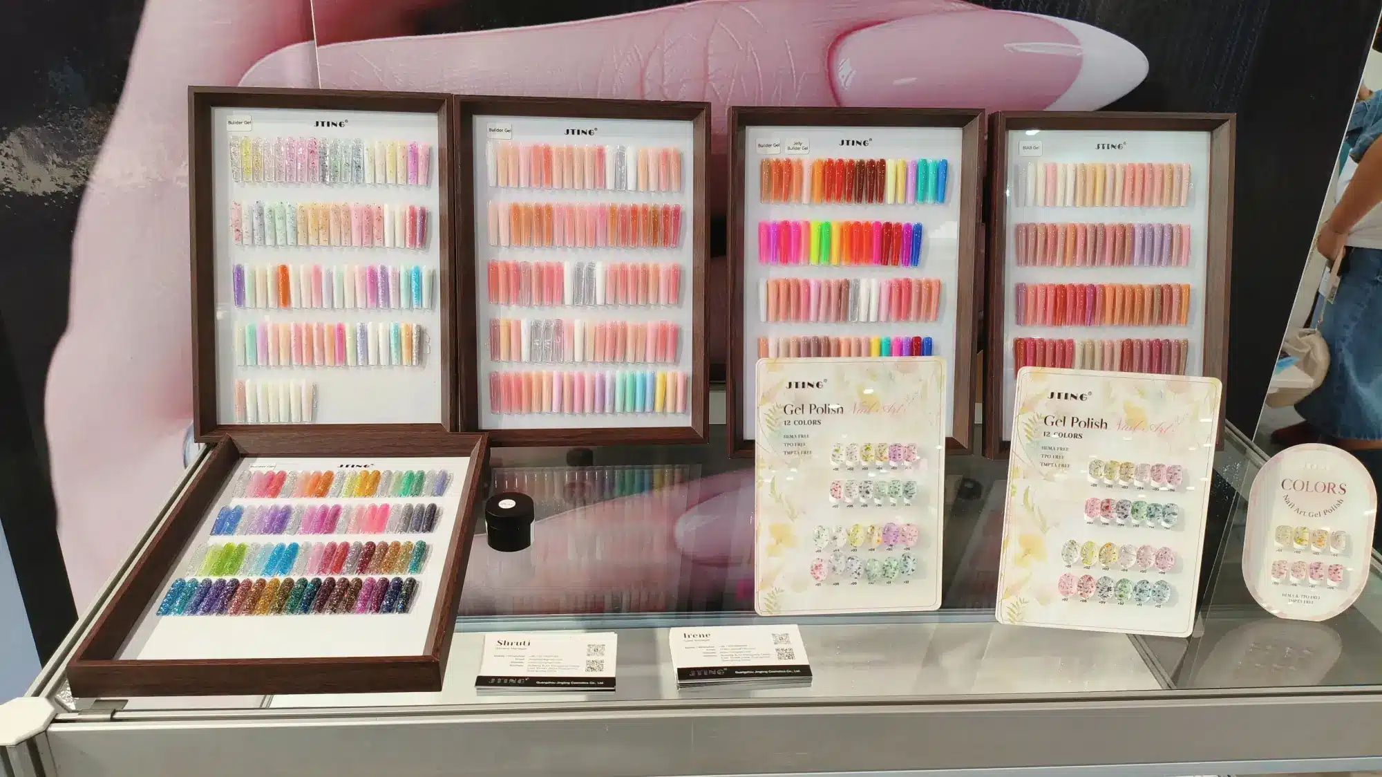 JTING builder gel shade boards and decorative gel nail polish samples at Beauty Days 2026