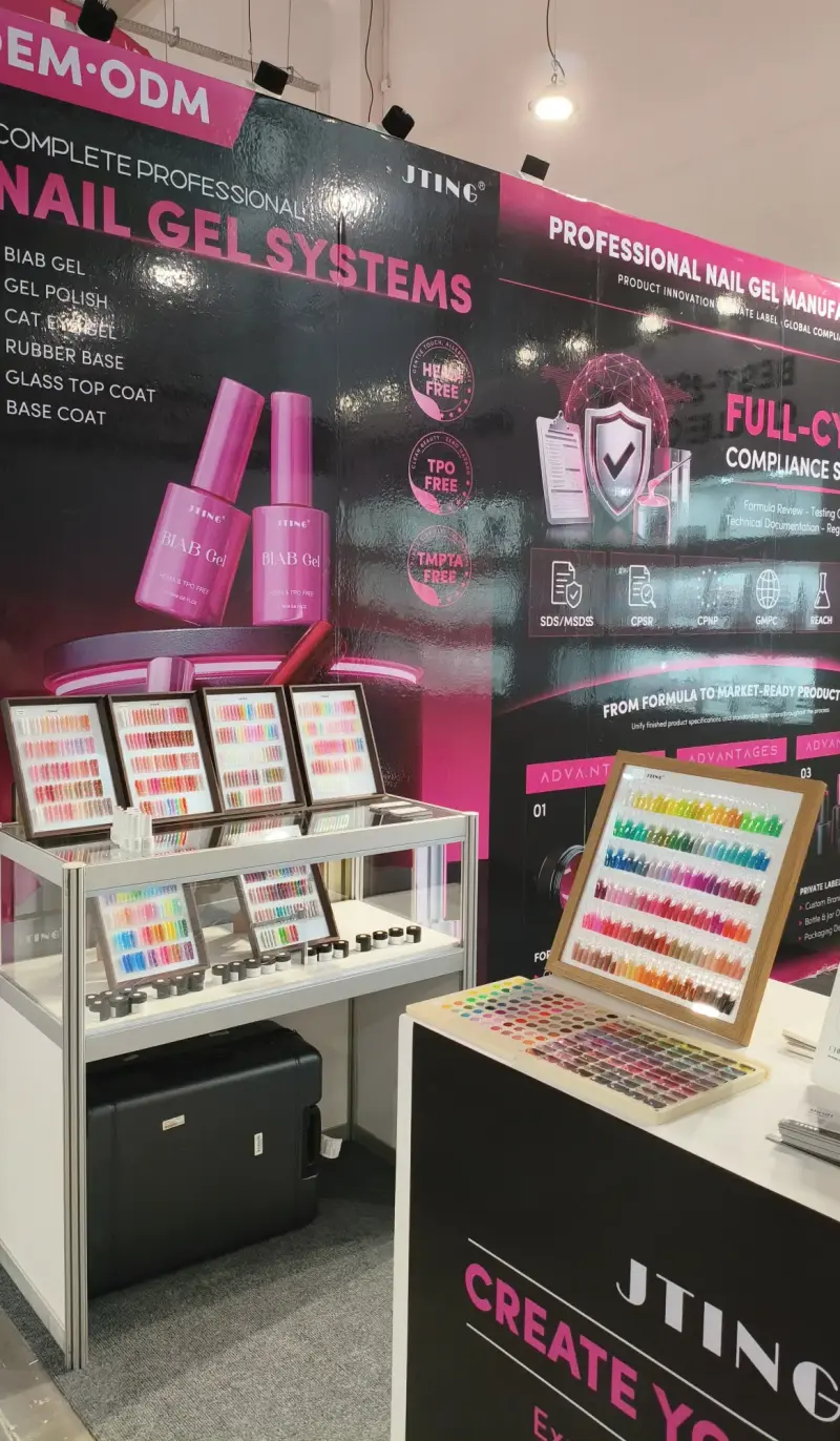 JTING product cabinet and color sample boards beside the exhibition counter