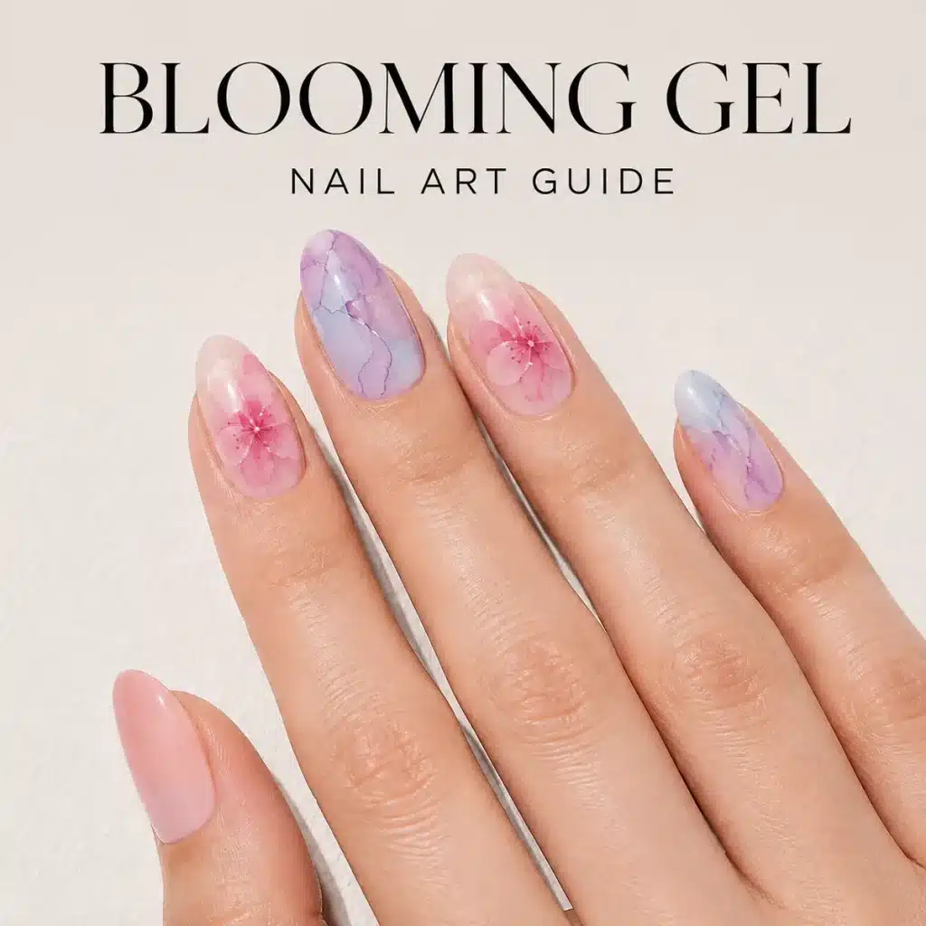 Blooming gel nail art guide featuring pink floral and pastel marble manicure designs