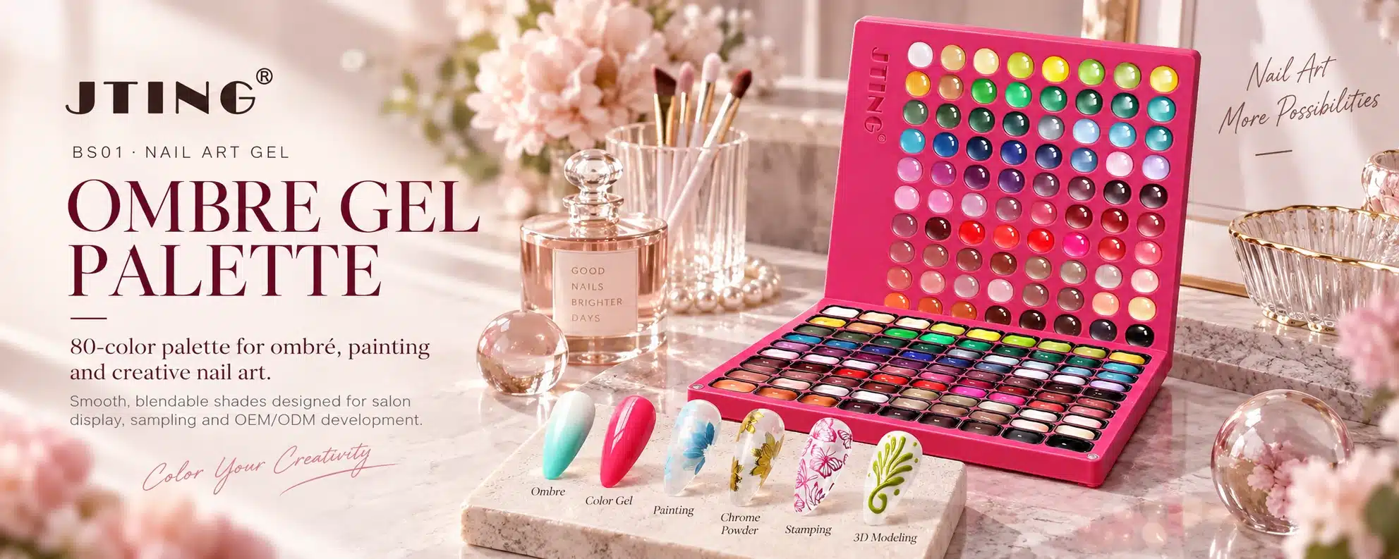 JTING BS01 Ombre Gel Palette commercial banner featuring 80 colors and professional ombre, painting and creative nail art applications