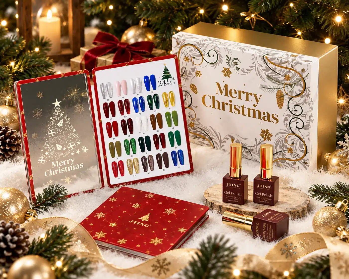 JTING Christmas-themed gel polish collection with coordinated seasonal packaging, bottles and 24-color shade display