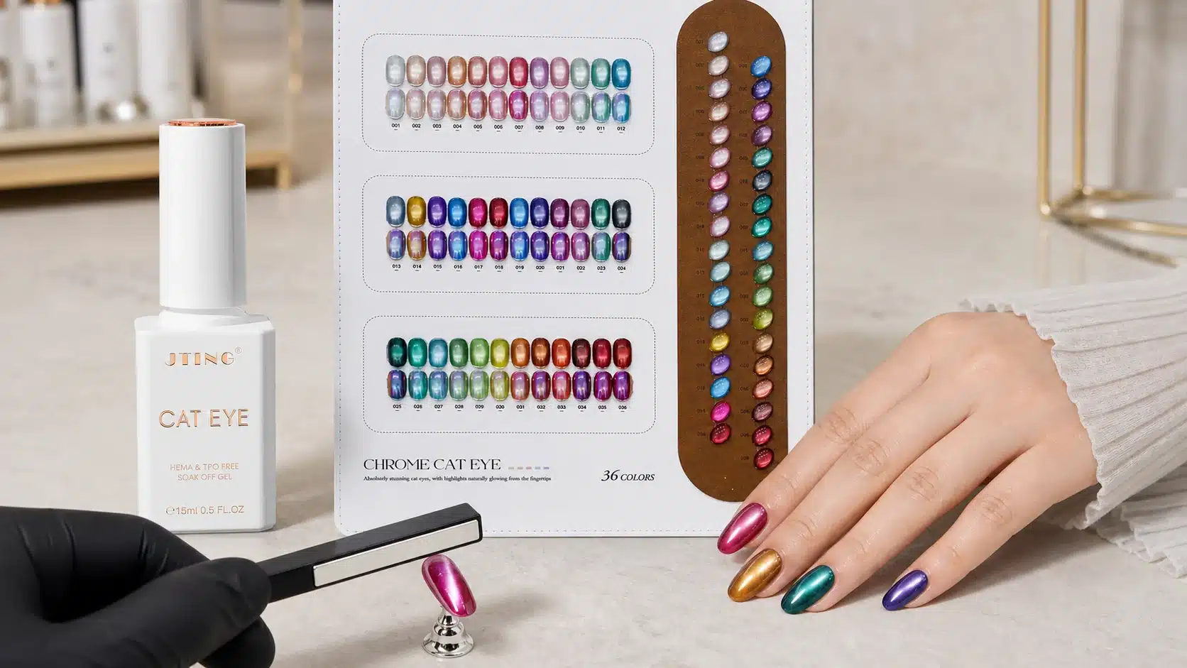 JTING 36-color Chrome Cat Eye gel polish with a magnet shaping a practice nail tip