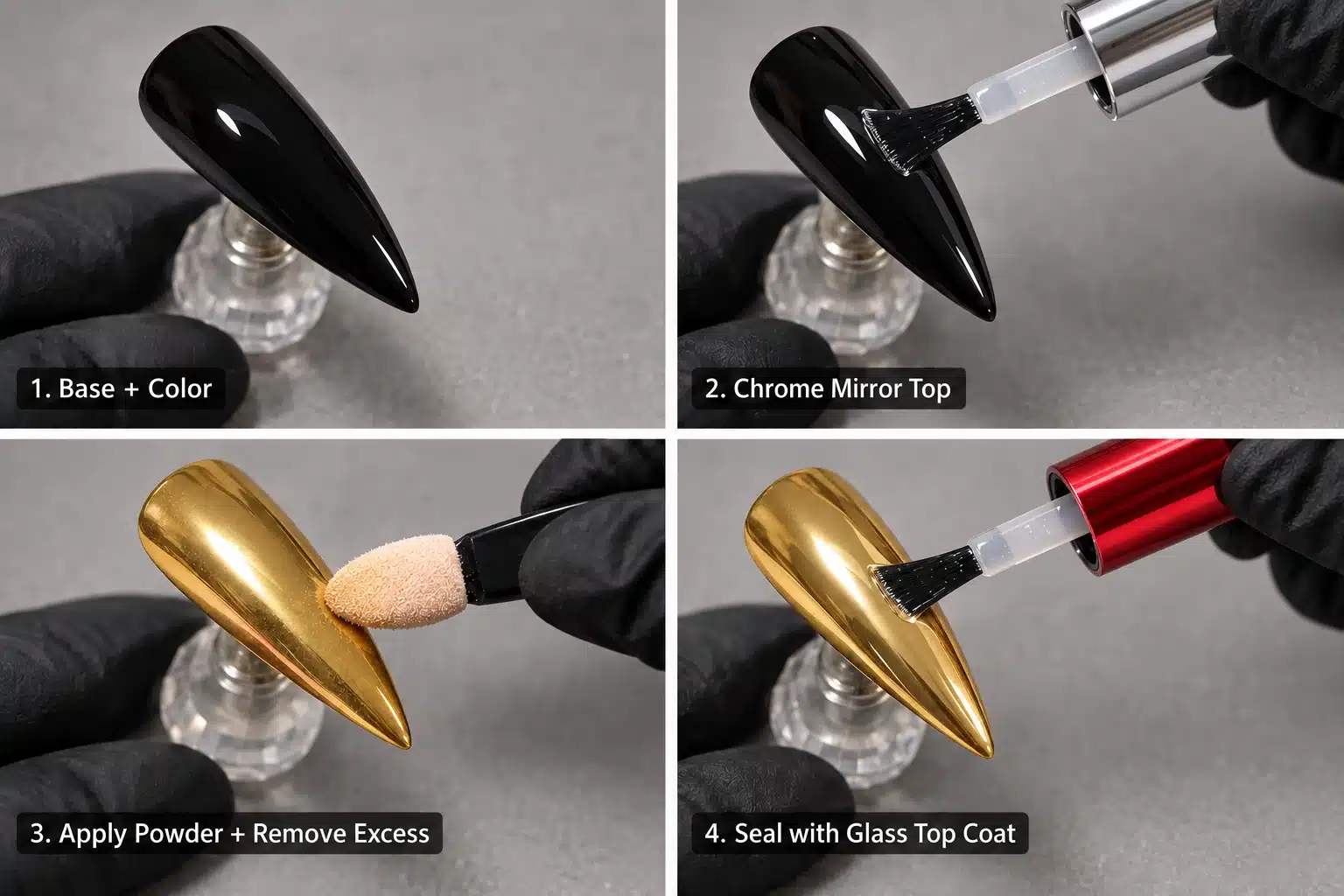 Illustrated Chrome Mirror Top sequence from black color to gold powder and Glass Top Coat