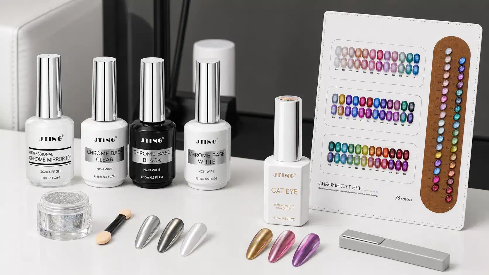 JTING Chrome Powder base and top products compared with 36-color magnetic Chrome Cat Eye gel polish