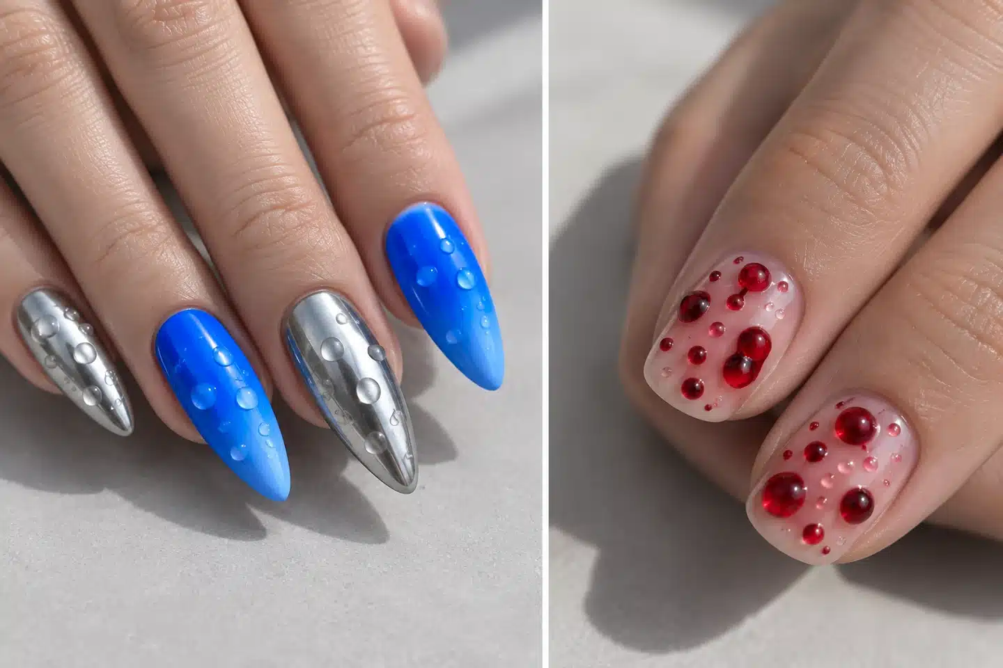 Clear raised droplets on silver and blue nails beside red water-drop accents on nude nails