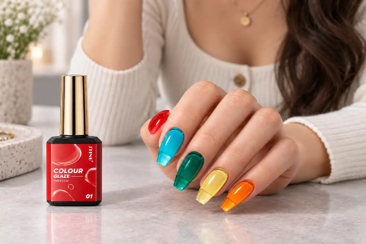 Red, blue, green, yellow and orange jelly nails beside a JTING Colour Glaze gel polish bottle.