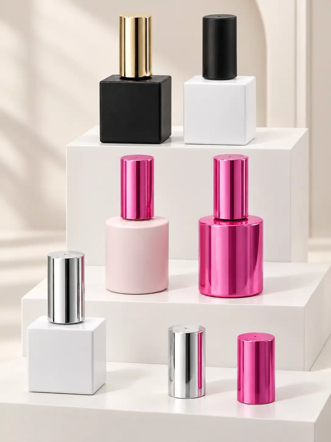 Black, white and pink nail polish bottles with matte and metallic finishes, alongside silver and pink cap options