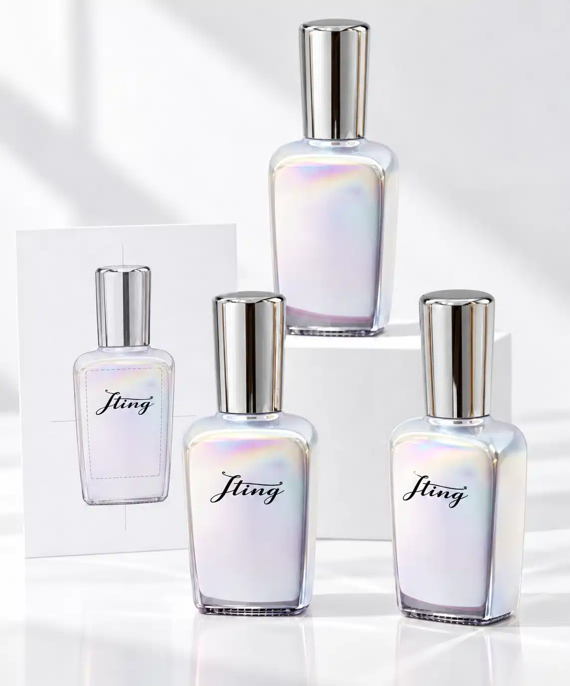 Iridescent nail polish bottles with silver caps, showing a blank bottle, JTING logo samples and a printed artwork mockup