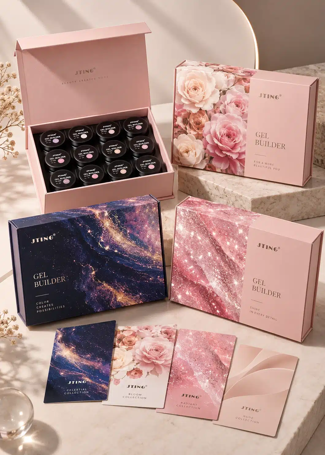 JTING custom printed gel nail polish packaging with coordinated colors, artwork and collection branding