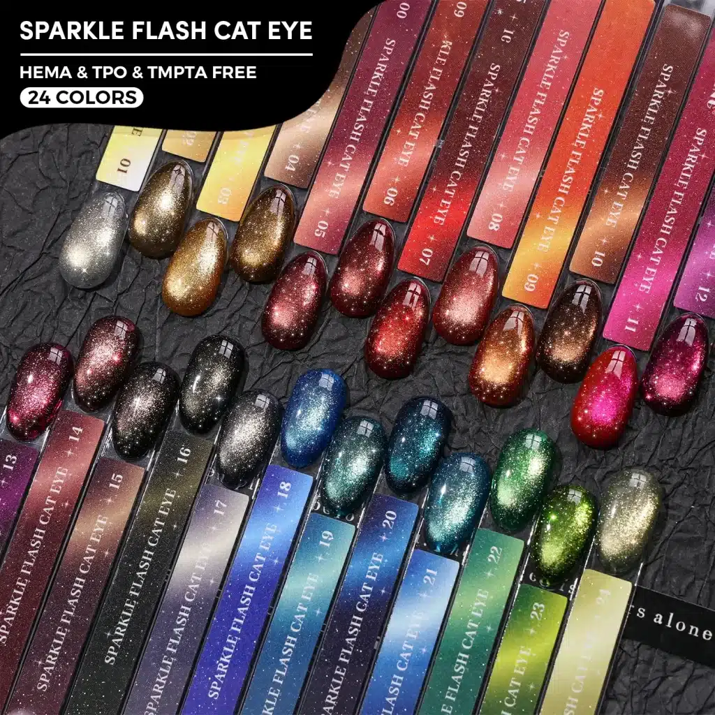 JTING D44 Sparkle Flash Cat Eye Gel 24-color magnetic and reflective nail swatches showing dimensional cat-eye beams and glitter sparkle