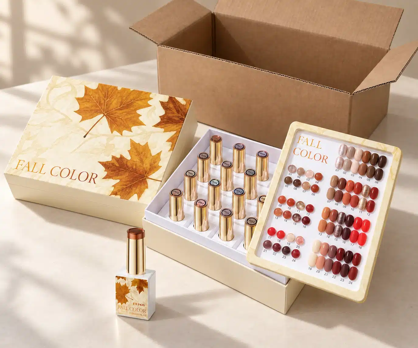 JTING Fall Color gel nail polish collection with a fitted bottle tray, matching retail box and shade chart beside an open shipping carton.