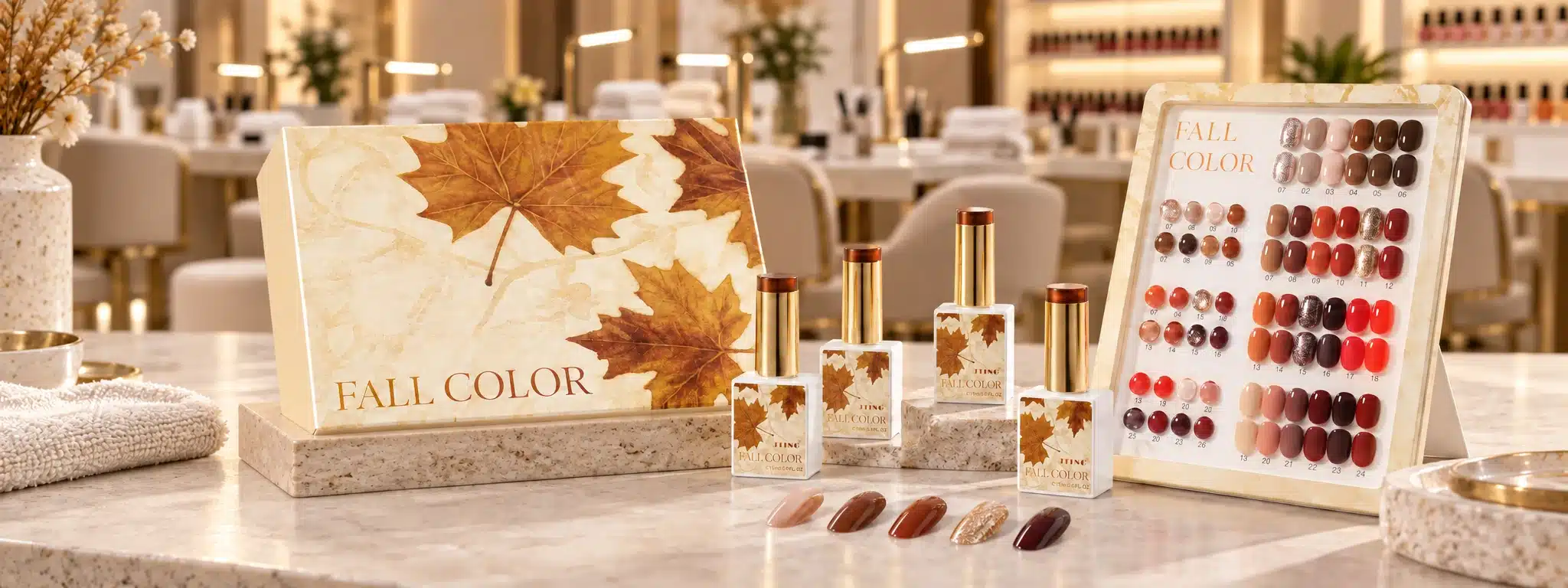 JTING Fall Color gel nail polish bottles with matching maple-leaf packaging, an autumn shade chart and nail swatches on a salon counter.