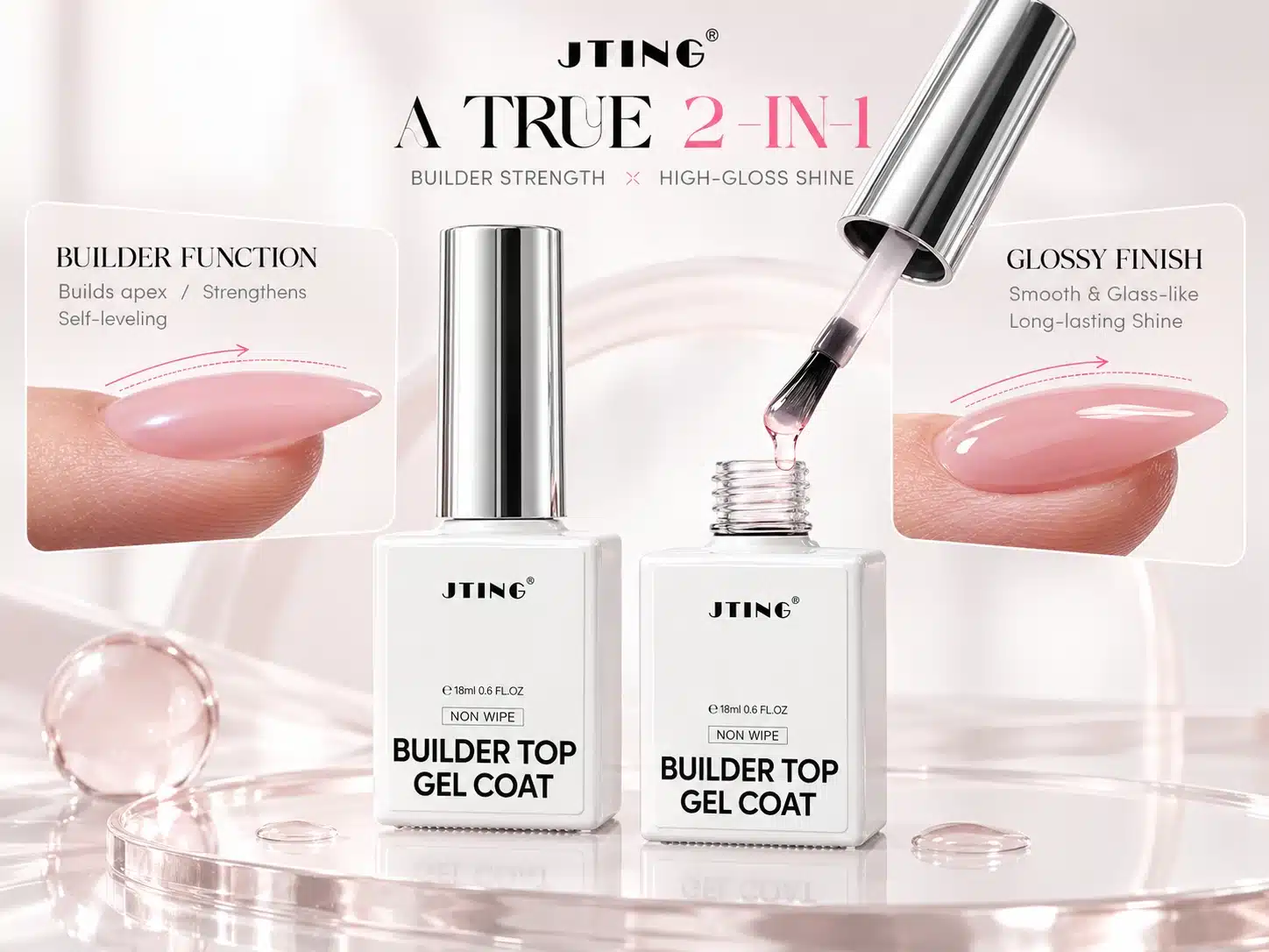 JTING Builder Top Gel Coat showing 2-in-1 apex-building support, self-leveling structure and a glass-like high-gloss finish