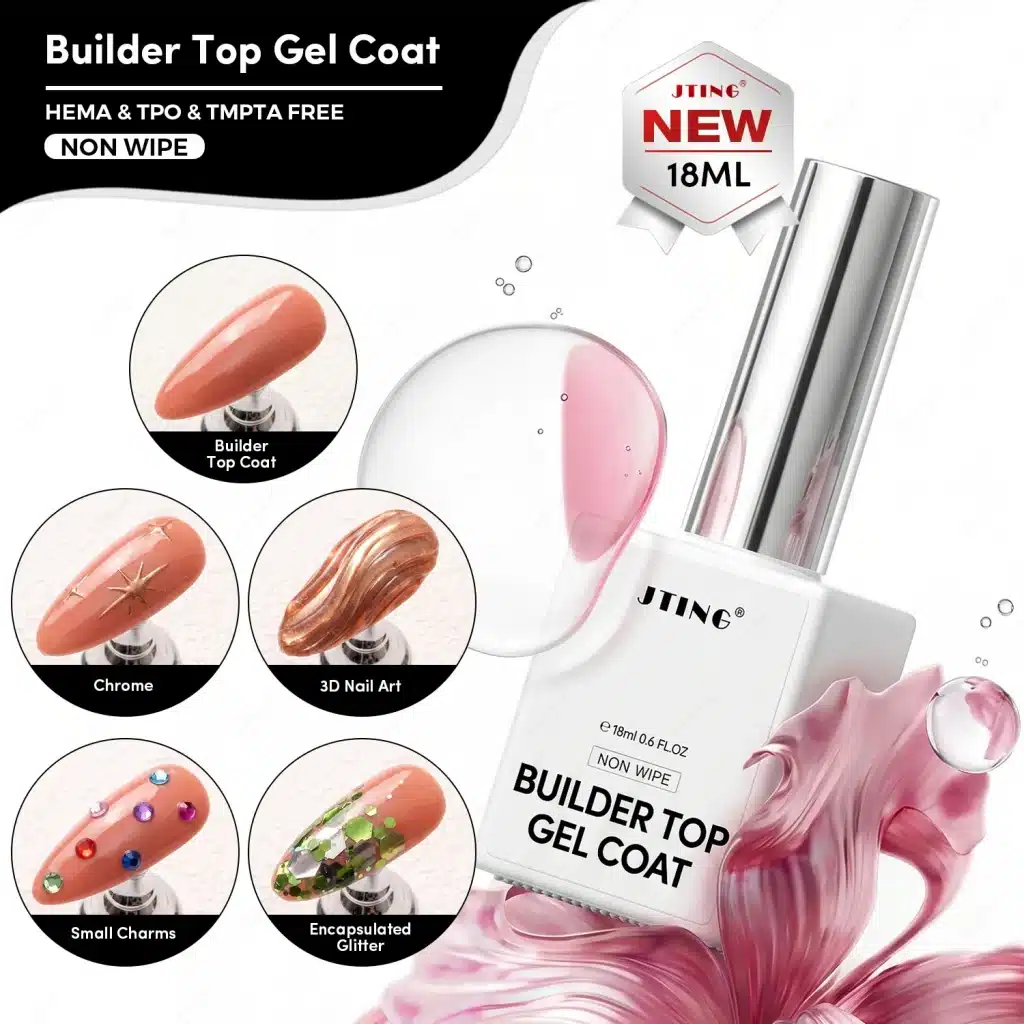 JTING FG162 Builder Top Gel Coat for apex building, chrome, 3D nail art, small charms and encapsulated glitter